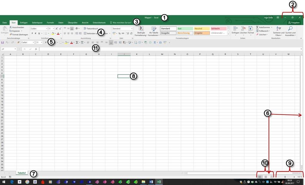 Das Excel-Fenster Abbildung 1 - Das Excel-Anwendungsfenster Titelleiste Scrollleisten Bereich mit den Elementen Minimierfeld Vollbild- / Teilbildfeld Schließfeld Register Aktive Zelle Menüband Das