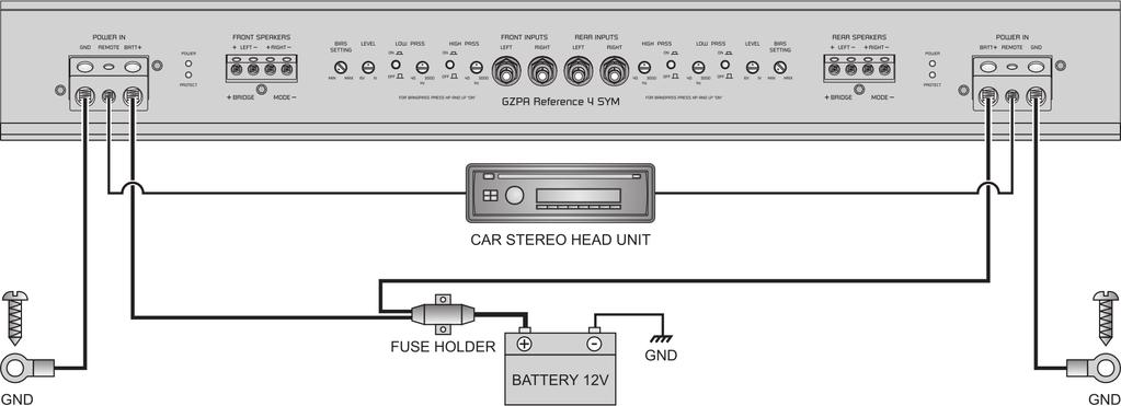 Stromanschluß / Power connection < < 12 Volt remote-out 12 Volt remote-out >> # # Maximal 20 cm Kabellänge zwischen Hauptsicherung und Batterie / max.