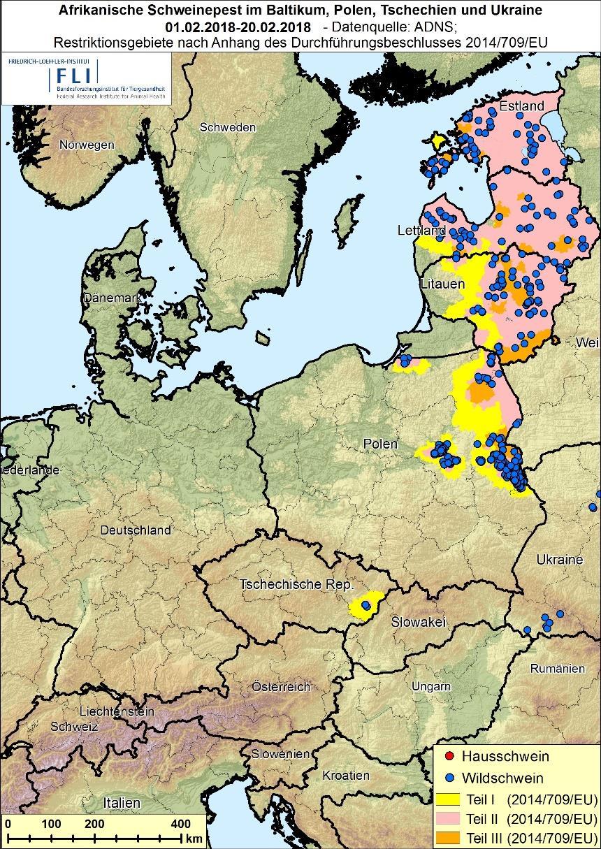 Krankheit Afrikanische Schweinepest (ASP) Tschechien, Polen, Baltische Staaten (Estland, Lettland und Litauen) und Ukraine Im Februar 2018 wurden aus den EU-Mitgliedstaaten keine weiteren