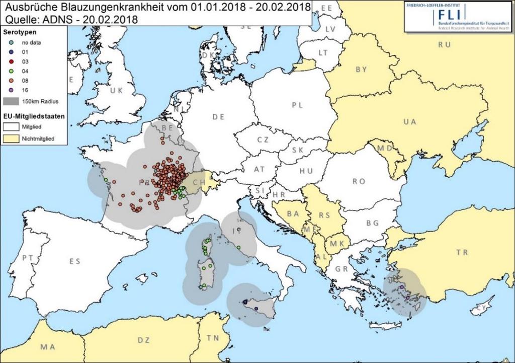 Krankheit Bluetongue (BT) Frankreich (BTV-8 und -4) Frankreich meldete im Februar 2018 insgesamt 17 Fälle von BTV-8. Die überwiegende Mehrzahl dieser Fälle trat im Departement Saône-et-Loire auf.