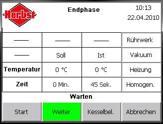 In der oberen Kopfzeile steht, falls vorher eingegeben wurde, der Phasenname. Die grün hinterlegten Felder signalisieren den aktiven Zustand, der entsprechenden Aktoren.