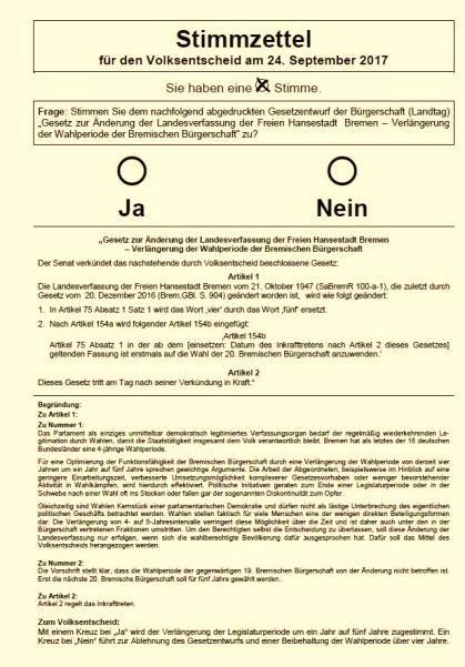 2.5 Stimmzettel Für die Bundestagswahl gibt es einen weißen Stimmzettel (siehe Muster auf Seite 2). Für den Volksentscheid gibt es einen gelben Stimmzettel nach folgendem Muster: 2.
