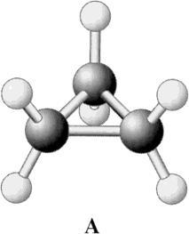 Cyclopropan Struktur Orbitaldarstellung schlechtere Überlappung Bananen-Bindung Trimethylenradikal Elektronendichte liegt nicht auf der Kernverbindungsachse.