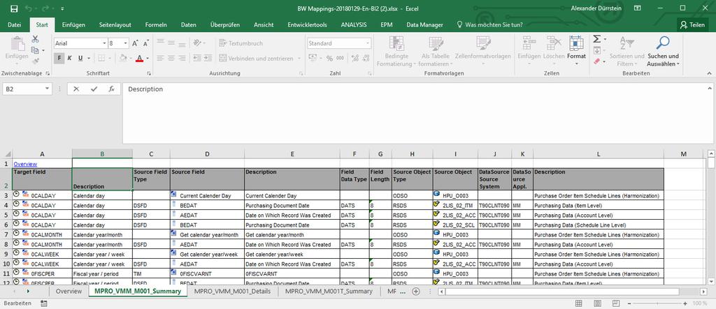 Docu Performer Analysis Add-On Data Lineage 5 Display of the Mapping in Excel For each selected SAP object, one detailed and one summarized spreadsheet is created in Excel.