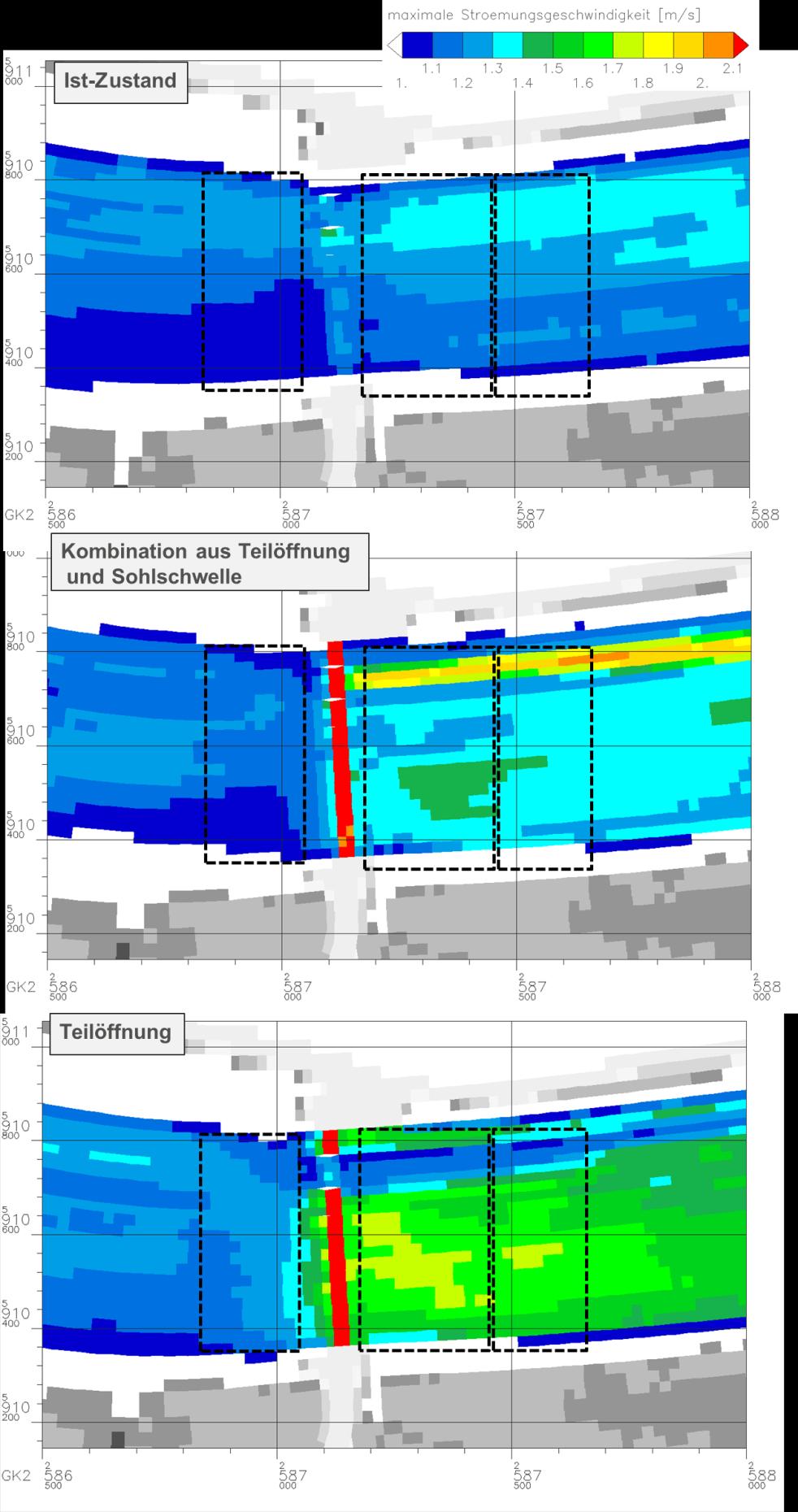 Bild 28: Maximaler tiefengemittelter Strömungsbetrag im Bereich der vom NLKWN geplanten Sohlsicherung während der Tide am 16.5.
