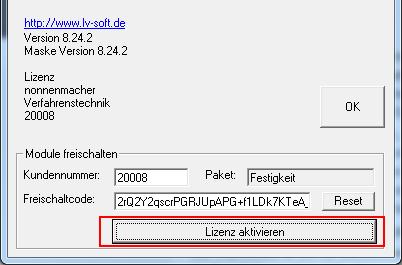 LIC Datei) gespeichert, die Sie per Email erhalten. Die Lizenzdatei und das freizuschaltende Programmpaket (z.b. Festigkeit.LIC) werden gleich benannt. Die Lizenzdatei enthält 1.