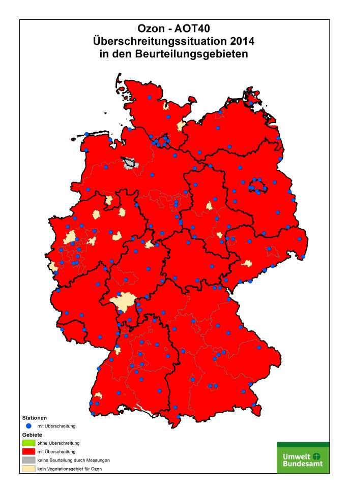 18 Beurteilung der Luftqualität 2014 in Deutschland Bericht an die EU-Kommission O) Ozon/ Schutz der Vegetation 48 Beurteilungsgebiete In 6 der 48 Beurteilungsgebiete traten Überschreitungen des
