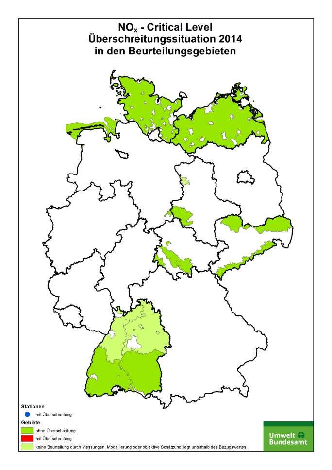 5 Beurteilung der Luftqualität 2014 in Deutschland Bericht an die EU-Kommission B) Stickstoffoxide/ Schutz von Ökosystemen 13 Beurteilungsgebiete In keinem der 13 Beurteilungsgebiete trat eine