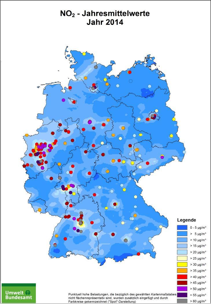 NO 2 -Immissionssituation in Deutschland 2014 Luft in deutschen Städten nach wie vor stark mit Stickstoffdioxid belastet 2014: ca.