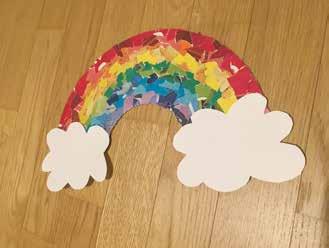 Schneide aus dem weissen Papier eine Schablone für den Regenbogen aus. Leg die Schablone auf den Karton und Schneide die Regenbogenform aus.