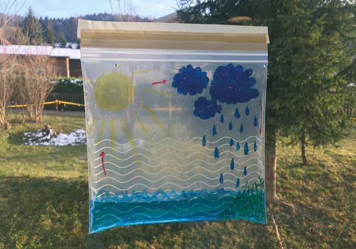 Wie der Regen entsteht Experiment A6 Du brauchst: Einen kleinen, verschliessbaren Plastiksack wasserfeste Filzstifte Klebeband Wasser 1.