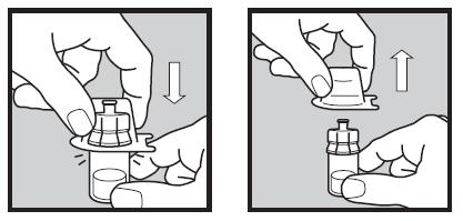 Befestigen Sie den Adapter für die Durchstechflasche (während sich dieser noch im durchsichtigen Verpackungsteil befindet) auf dem Stopfen der Durchstechflasche, indem Sie