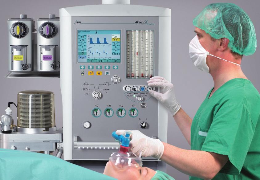 Anästhesie Patentierte Xenon-Technologie Das Atemsystem des AKZENT X COLOR wurde speziell für die Anforderungen an eine ökonomische Anästhesie als auch für die Anwendung von Xenon- Gas entwickelt.
