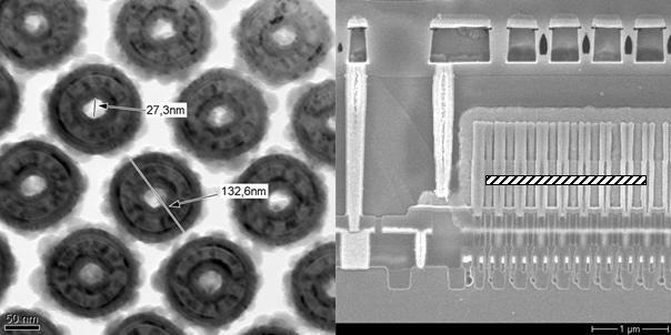 3: Oberflächenparallele Abbildung im Zellenfeld eines DRAM in Stackbauweise in der Höhe der Kondensatoren (links).