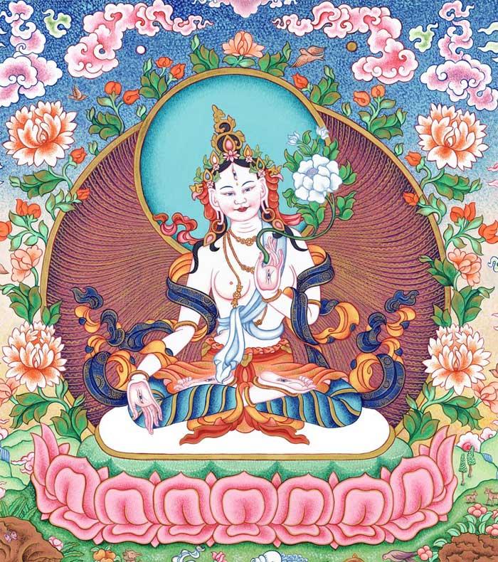 Weiße Tara Wer ist das? Tara (tibet.: Dolma) ist ein weiblicher Bodhisattva. Es gibt von ihr fünf Formen: grün, weiß, blau, rot, gelb.