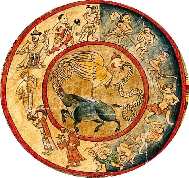 Der innere Kreis Im Zentrum des Lebensrades befindet sich ein innerer Kreis. Das Rad wird dort von drei Tieren angetrieben: vom Hahn, der Schlange und einem Schwein.