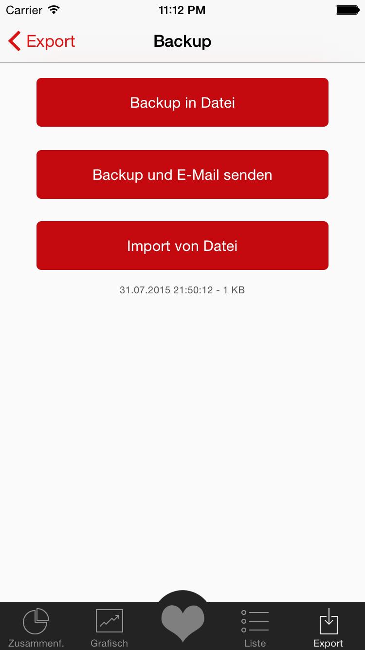 Backup Backup lokal in Ihrer App, über itunes abrufbar Backup per E-Mail versenden Lokale Backup Datei importieren.