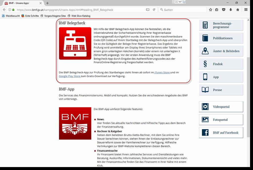 Wenn Sie dem Link im 3. Schritt der Anmeldung folgen, gelangen Sie direkt zur Website des BMF, auf der die Belegcheck-App angeboten wird.