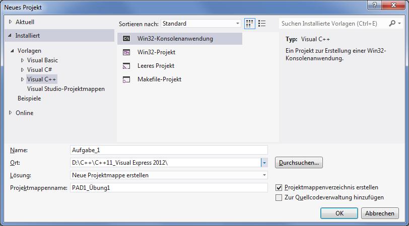 Anhang Erzeugen eines Programmier-Projekts mit Visual C++ 2010 Express Edition 1. Erzeugen Sie einen neues leeres Projektverzeichnis für eine Konsolenanwendung mit Datei Neues Projekt.