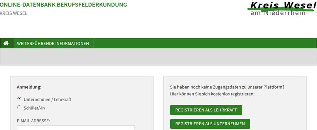 Registrierung Das Online- Buchungsportal für Berufsfelderkundungen im Kreis Wesel erreichen Sie über die Internetseite www.