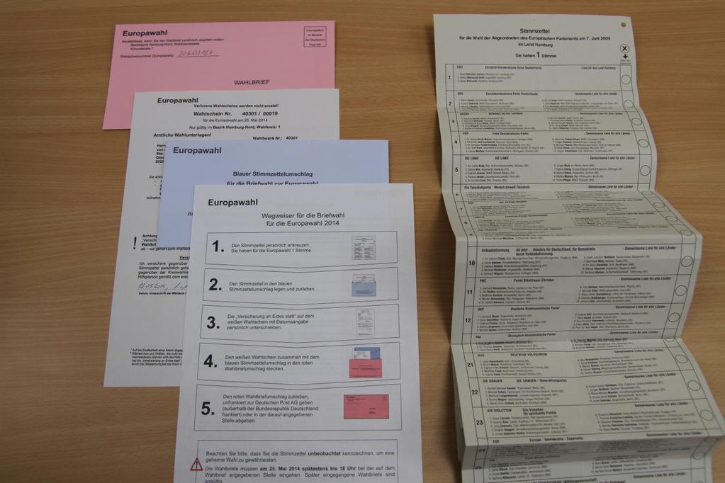 Teil 1: Europawahl 1. Schritt: Unterlagen sortieren Zu Beginn trennen Sie alle Unterlagen nach Europa- und Bezirksversammlungswahl.