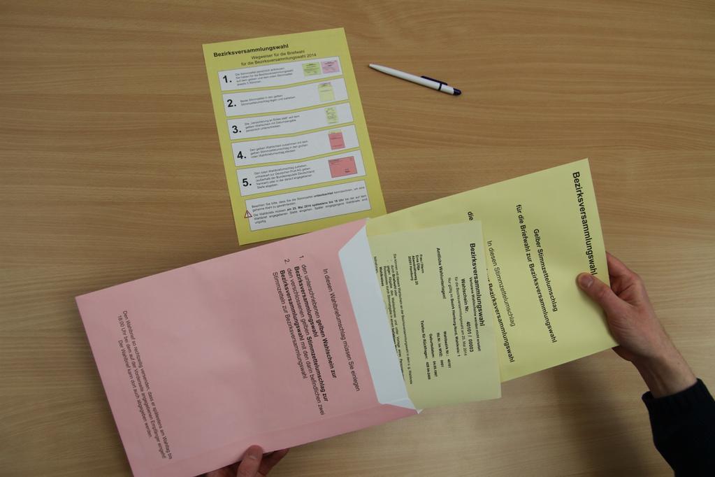 6. Schritt: Unterlagen in den roten Wahlbrief stecken Legen Sie nun den gelben Wahlschein und den großen gelben Stimmzettelumschlag (zur