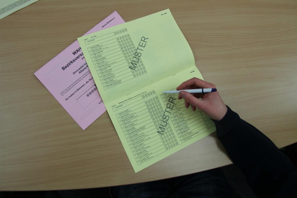 2. Schritt: Ihre Stimmen für die Bezirkslisten Kreuzen Sie den gelben Bezirkslisten-Stimmzettel unbeobachtet an. Sie haben insgesamt 5 Stimmen, die Sie beliebig verteilen können.
