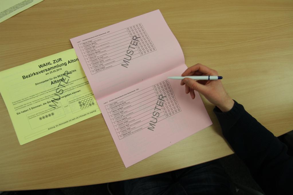 3. Schritt: Ihre Stimmen für die Wahlkreislisten Kreuzen Sie den roten Wahlkreislisten-Stimmzettel unbeobachtet an. Sie haben insgesamt 5 Stimmen, die Sie beliebig verteilen können.