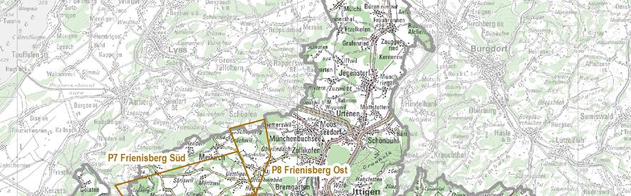 Abb. 1 Lage der Windenergieprüfräume Die Windenergieprüfräume Frienisberg Süd (P7) und Ost (P8) liegen