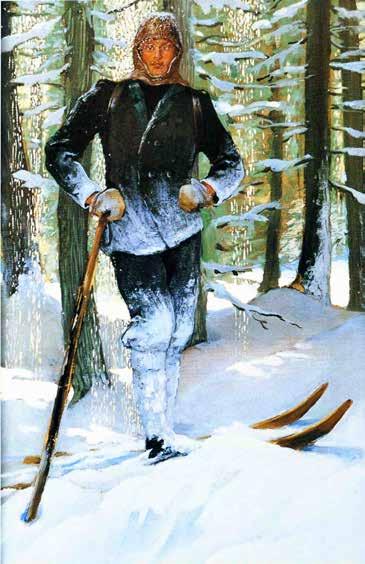 »Skifahrer im Wald«(1897) von Alfons Siber Holl zog sich drei Röcke an, band sich die Schuhe fest,