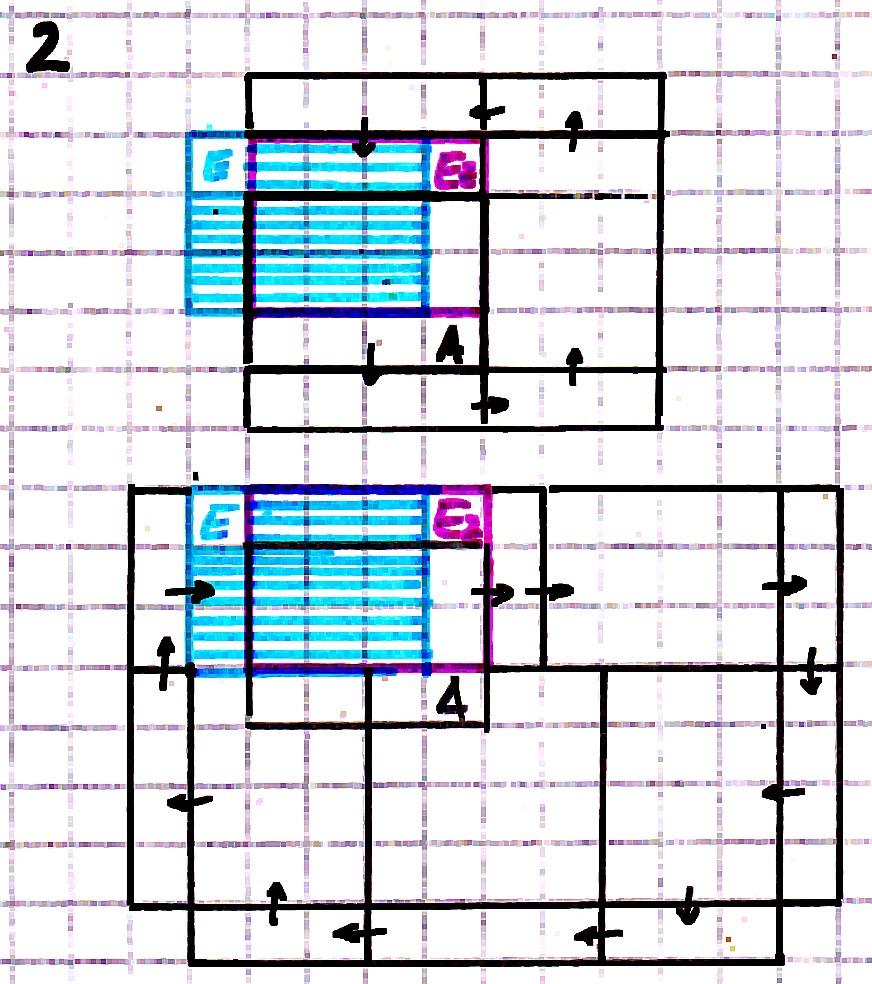 Beispiel 2: Erster Schritt: A wird um ein Quadrat nach ober gesetzt auf Ez. Zweiter Schritt: Ez wird um ein Feld nach links gerückt und kommt dadurch in die gewünschte Endlage E.