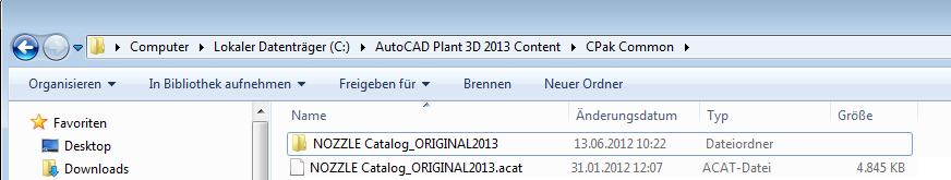 Geben Sie auch hier den Inhaltsorder des Quell - Contents an. Damit der Stutzenkatalog in Plant 3D 2013 verwendet wird muss dieser im Ordner C:\AutoCAD Plant 3D 2013 Content\CPak Common liegen.