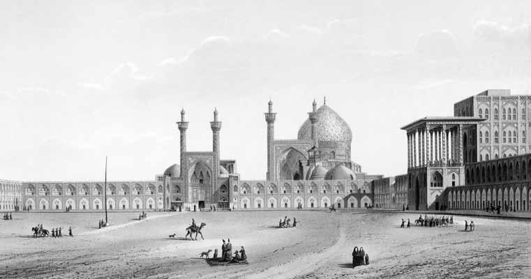 56 Studienreisen 0 Naqsh-e Dschahan mit der Königsmoschee (oben) und der Hohen Pforte (rechts) Gemälde von Pascal Coste, 1867 J0AC101 studienreise Iran Hafiz - Paläste - Minarette - Rosenduft