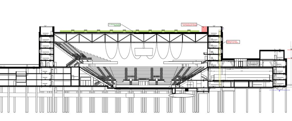 3. Dachflächen Das Gebäude besteht aus 4 verschiedenen Niveaus. Im Südlichen Teil befindet sich die Publikumsterrasse worauf keine PV-Anlage möglich ist.