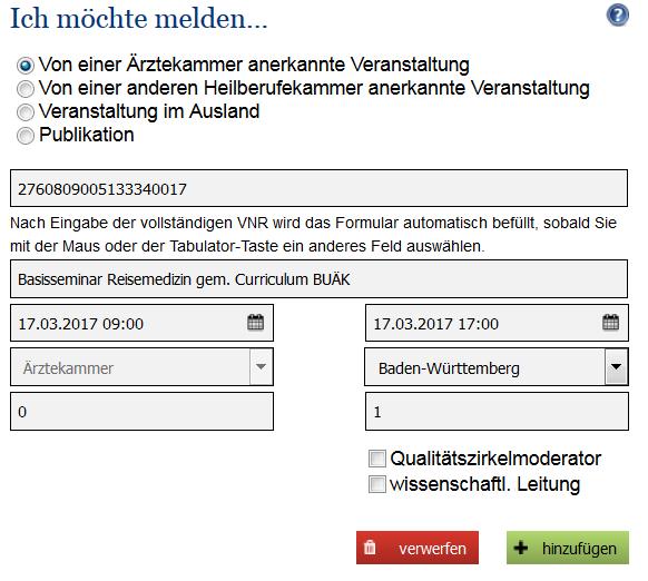 Veranstaltung im Ausland Füllen Sie alle Felder manuell aus. Für Fortbildungen im Ausland können gemäß Kategorie B 3 Punkte für einen halben und 6 Punkte für einen ganzen Tag angegeben werden.