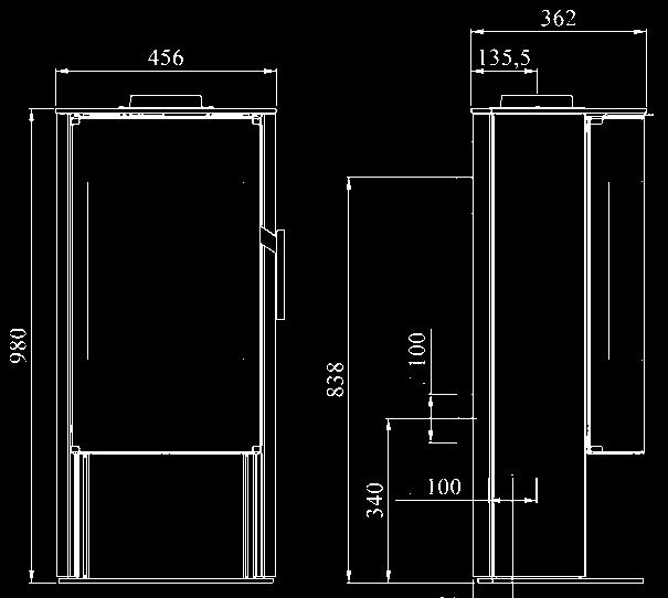 zu brennbarem Material, hinten..200 mm Abst.