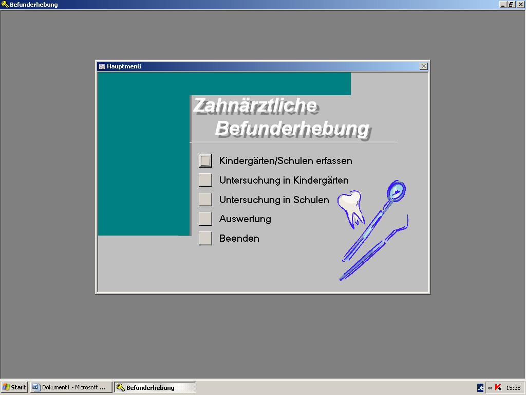 Kurzbeschreibung zur Access Datenbank Zahnärztliche Befunderhebung Hauptmenü: Durch Doppelklick auf das Datenbanksymbol start MS Access automatisch. Es erscheint das folgende Hauptmenü.