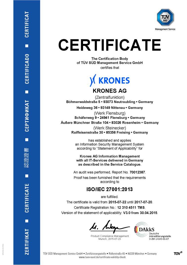 6 KRONES Information Security Unsere IT ist nach ISO/IEC 20000 und ISO/IEC 27001 zertifiziert Best Practice IT Service Management