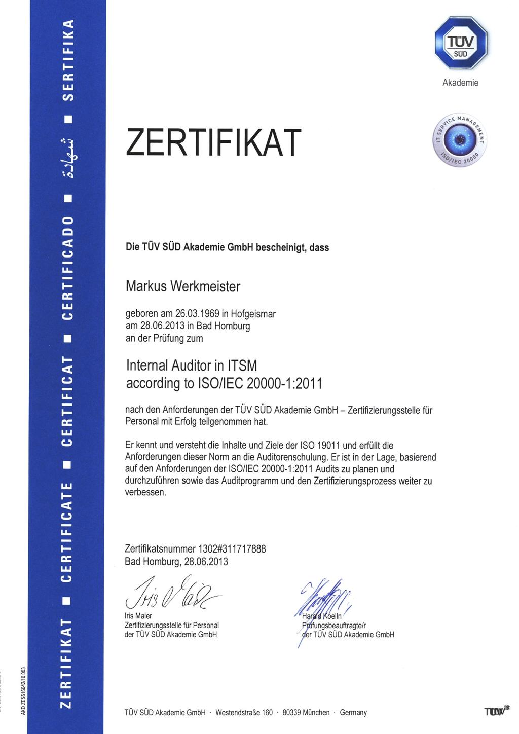 13 Zertifizierung ISO/IEC 20000 Internal Auditor in ITSM