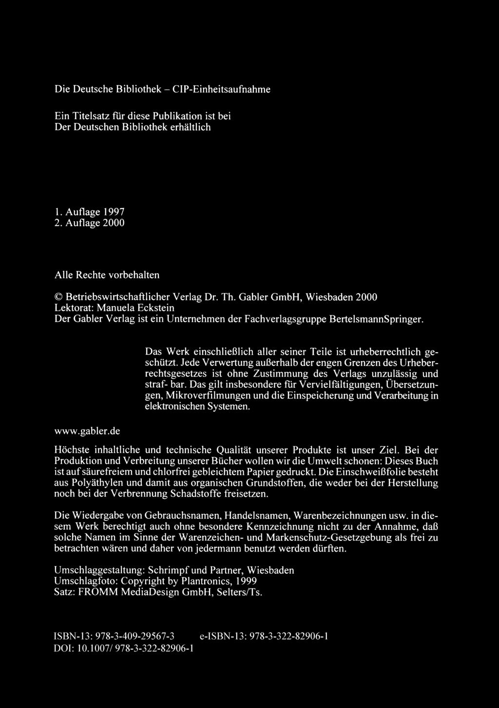 Die Deutsche Bibliothek - CIP-Einheitsaufnahme Ein Titelsatz fur diese Publikation ist bei Der Deutschen Bibliothek erhaltlich I. Auflage 1997 2.