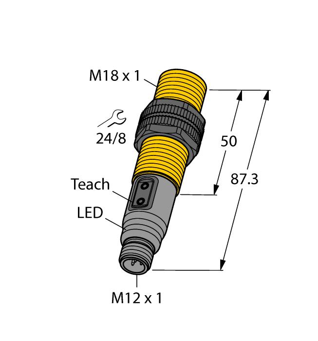Gewinderohr, M18 x 1 Kunststoff, PA12-GF30 Teach-in und Konfiguration über Buttons am Gerät, Pin 5 und IO-Link Anschlussbild Funktionsprinzip Typenbezeichnung Ident-Nr.