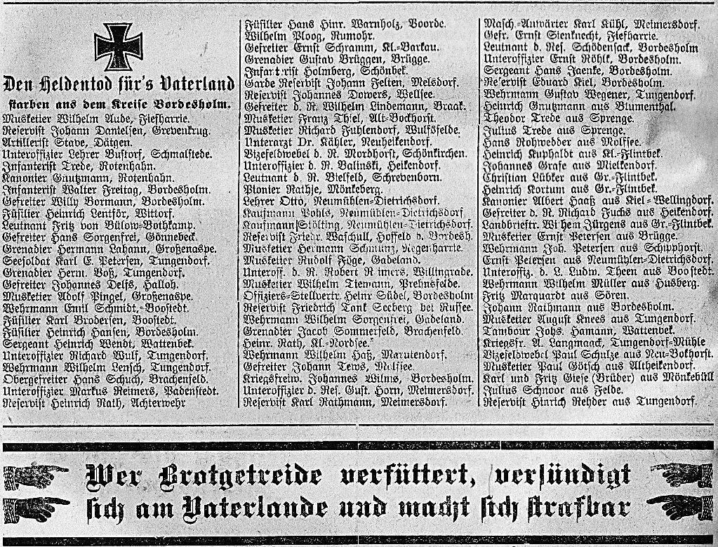 KrB vom 05.03.1915 Bordesholm 12. März: Das neue Zentralschulhaus ist jetzt fertiggestellt und soll zu Beginn des kommenden Schuljahres in Benutzung genommen werden.