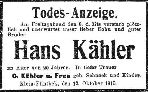 Bordesholm, 14. Oktober: Auf dem Felde der Ehre gefallen ist der Gefreite August Harder, Zimmermann in Eiderstede-Bordesholm. Beförderung und Auszeichnung.
