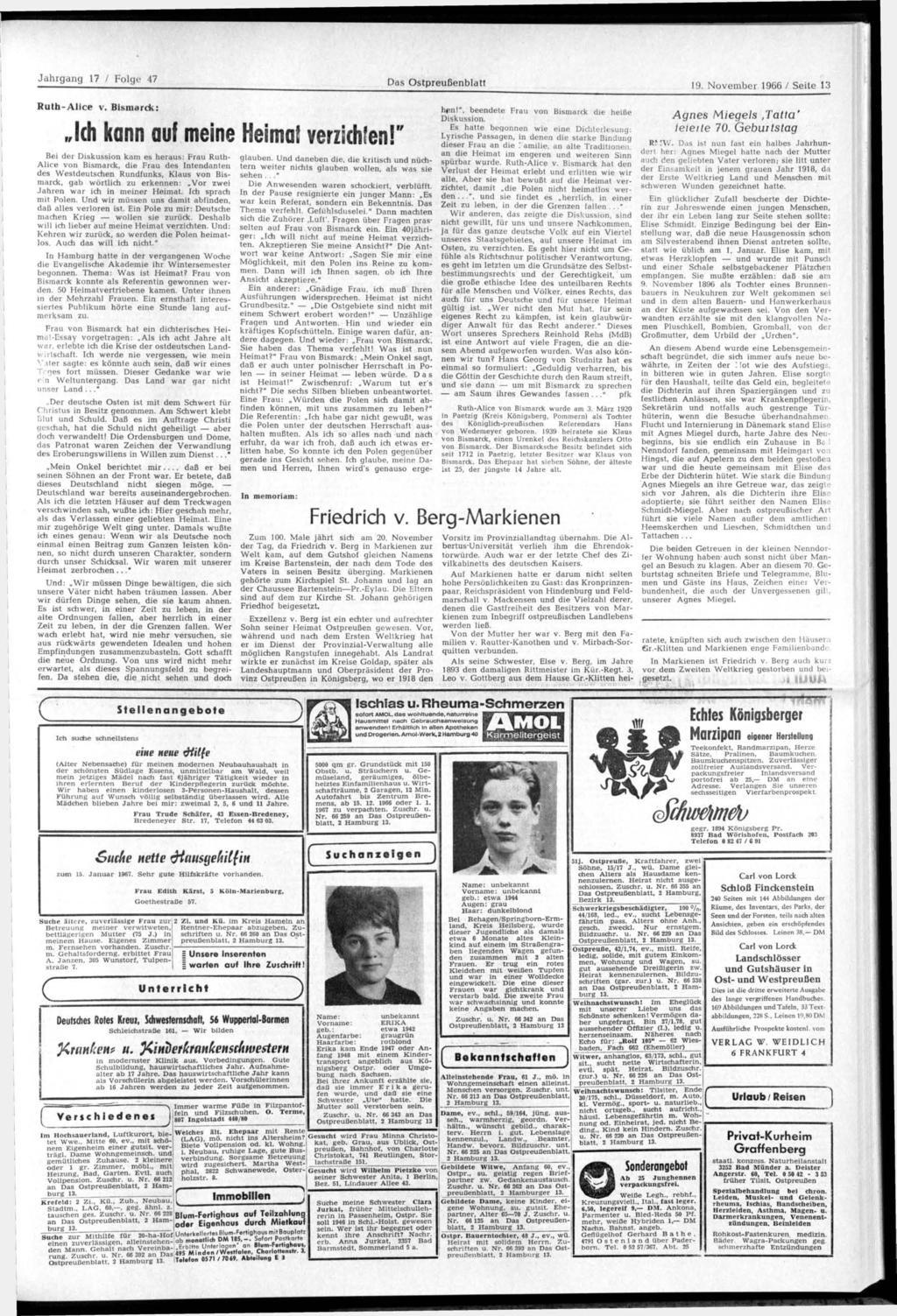 Das Ostpreußenblatt 19. November 1966 / Seite 13 Ruth-Alice v. Bismarck: Ich kann auf meine Heimat verzichten!
