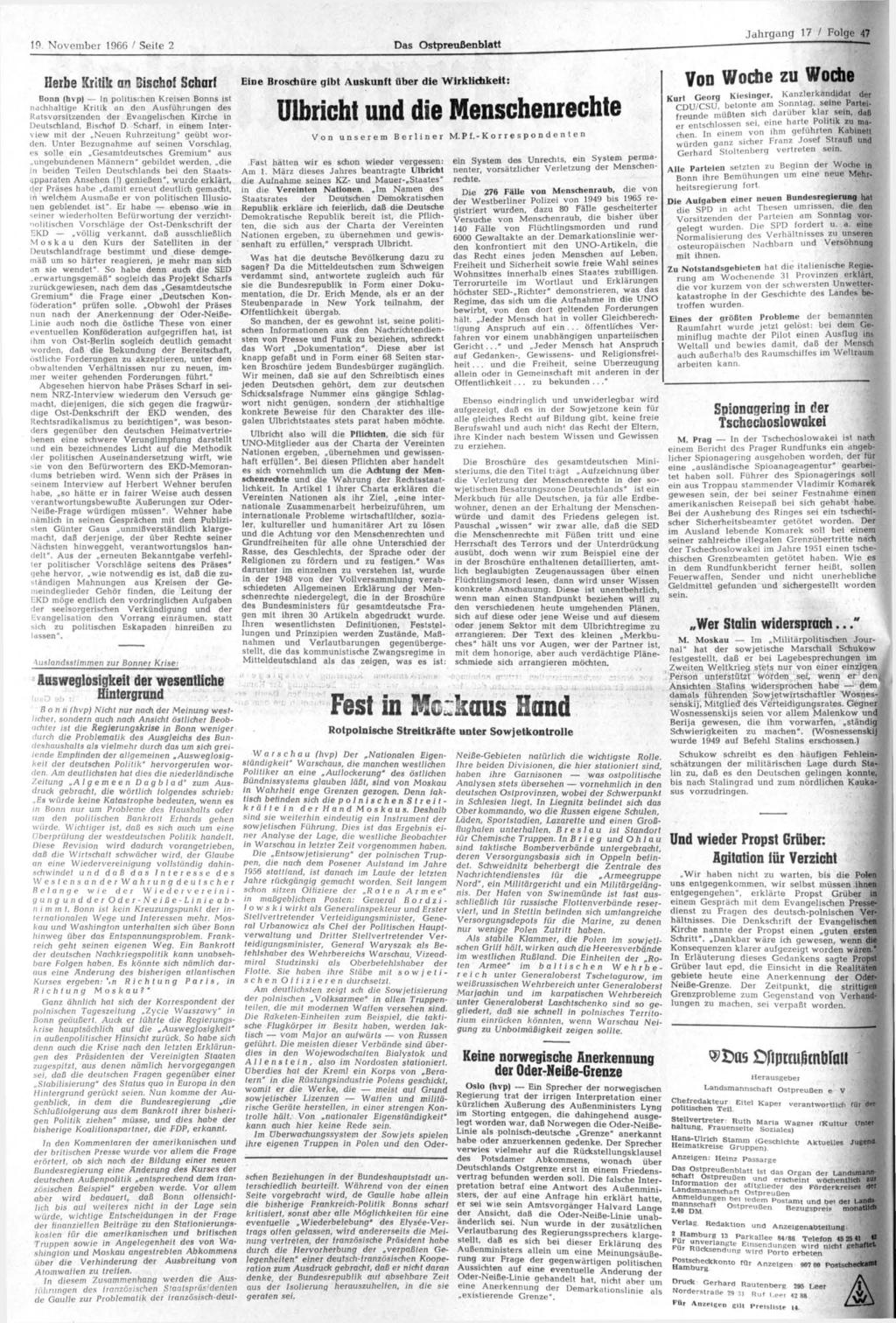 10 November 1966 / Seite 2 Das Ostpreußenblatt. - Herbe Kritik a?