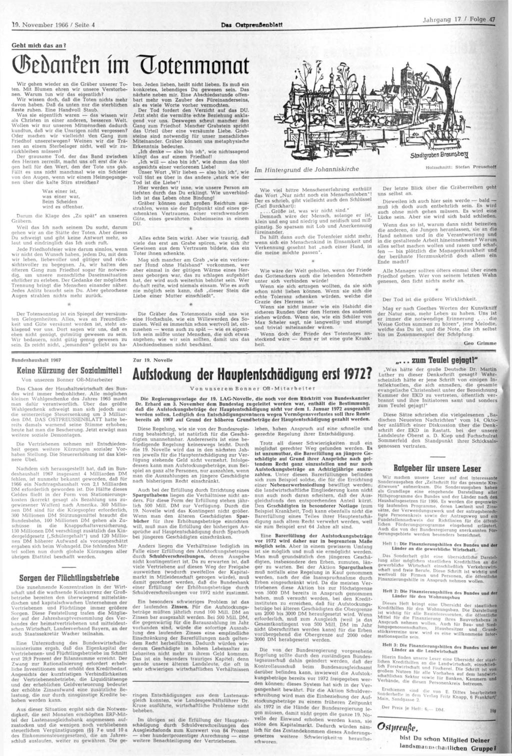 19. November 1966 / Seite 4 Das Ostpreußenblatt, Geht midi das an? (Bebanfen im Trotenmonat Wir gehen wieder an die Gräber unserer Toten. Mit Blumen ehren wir unsere Verstorbenen.