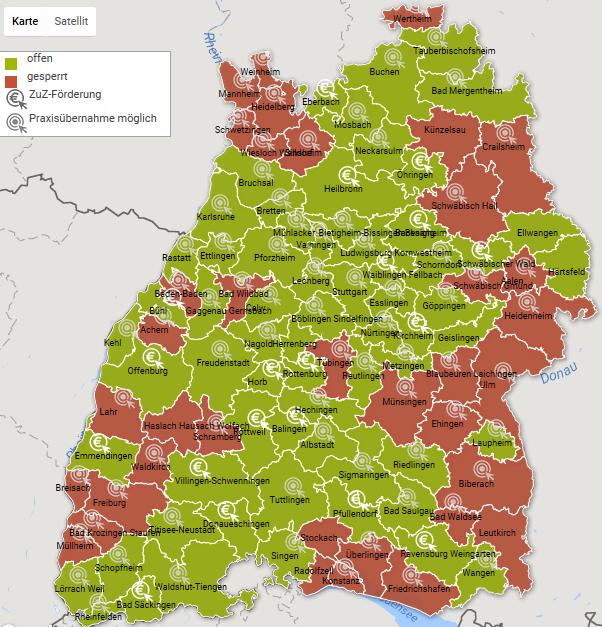 In 70 von 103 Mittelbereichen in Baden- Württemberg können sich Hausärzte