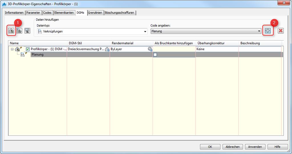 Wechseln Sie nun auf den Reiter DGMs um ein 3D-Profilköper-DGM zu erstellen (1) und wählen aus der Klappliste einen Code,