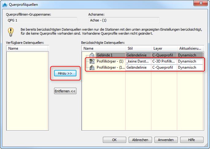 den Querprofilen und wählen im Kontextmenü Weitere Datenquellen berücksichtigen.