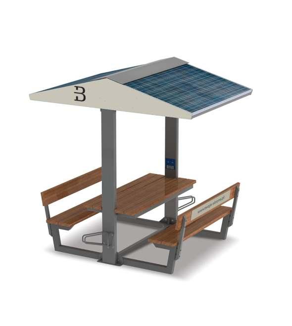 modell Tectum 1 - Solar Ladestation mit Picknickkombination - Grundausstattung: 1 x USB - Anschluss 1 x 12 V Steckanschluß 100 Ah/max 2 x 230 V Steckdosen, 65 A/max IP44 Gewicht 412 kg Maße: H/B/T =